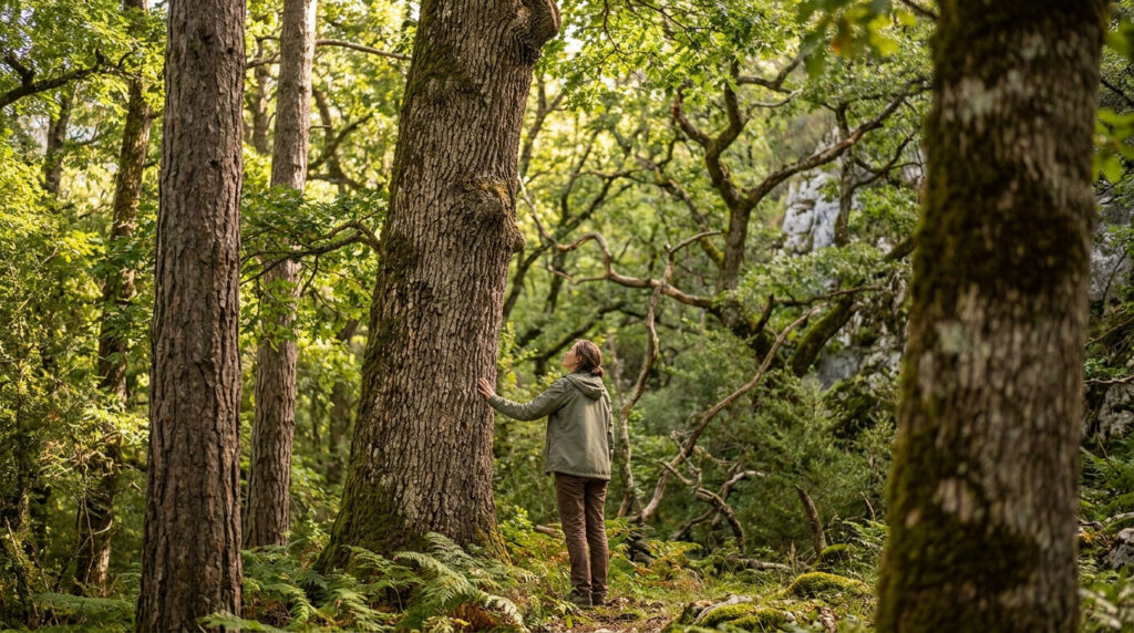 Une personne touche le tronc d'un grand arbre dans une forêt verdoyante baignée de lumière.