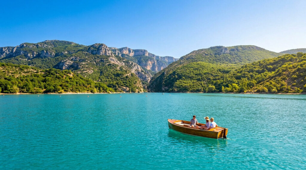 Trois personnes dans un bateau en bois sur les eaux turquoise du lac de Sainte-Croix, entouré de montagnes verdoyantes.