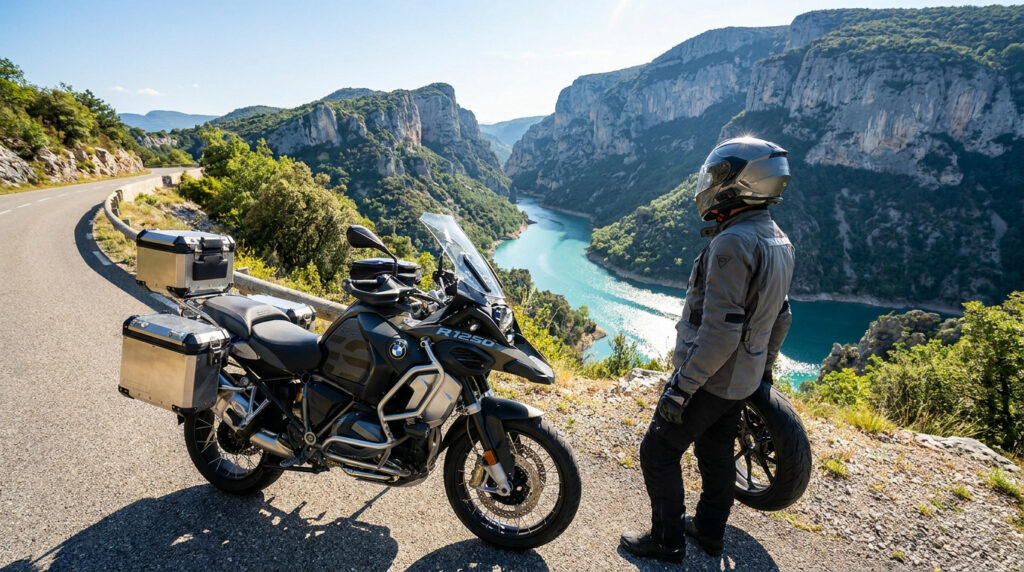 Motard avec son équipement près d'une BMW R1250 GS face aux Gorges du Verdon ensoleillées.