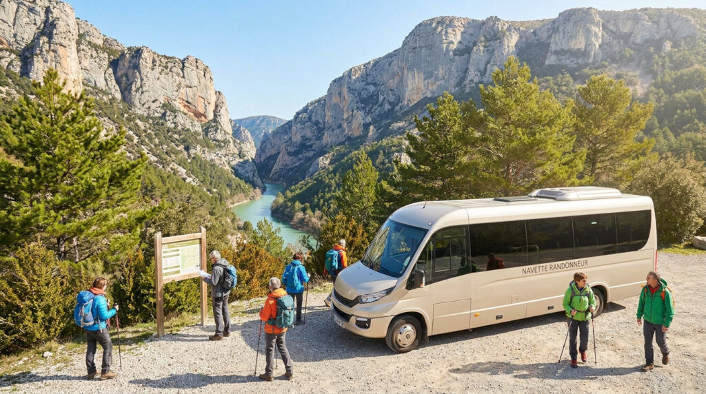 Randonneurs près d'une navette beige dans un paysage spectaculaire des Gorges du Verdon.
