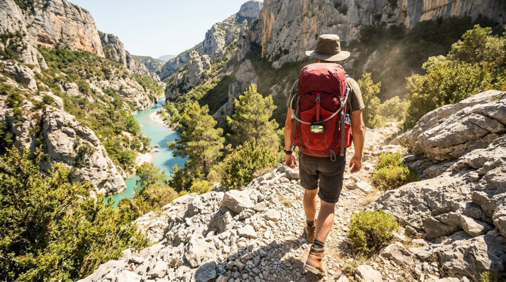 Un randonneur avec un sac à dos rouge marche sur un sentier escarpé surplombant la rivière turquoise du Verdon.