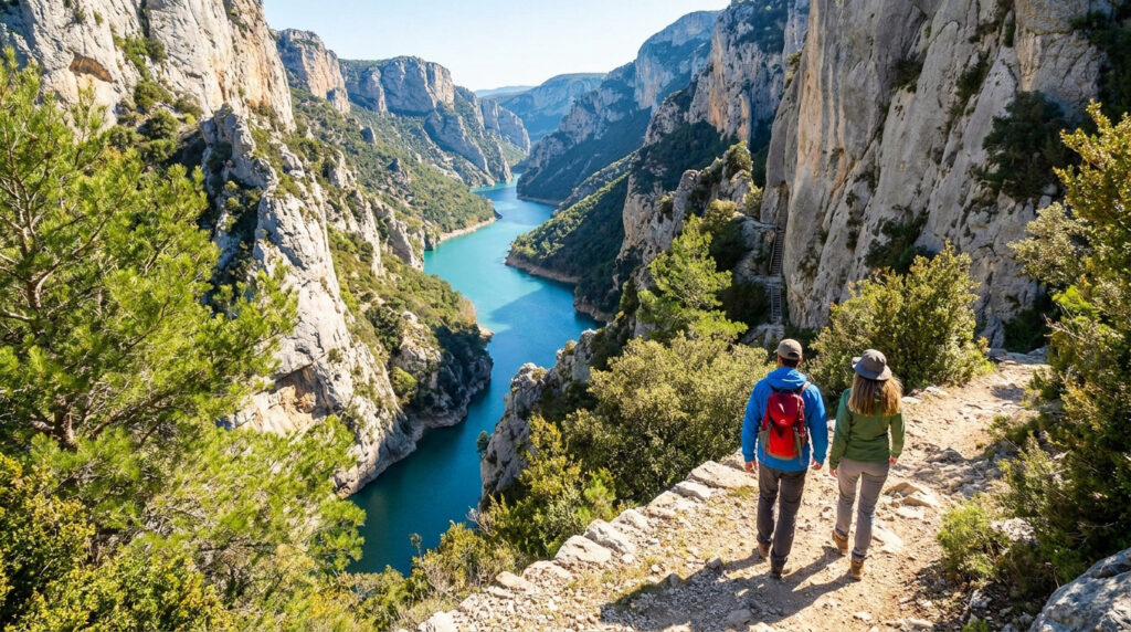 Un couple de randonneurs admire la vue imprenable sur les Gorges du Verdon et la rivière turquoise en contrebas.