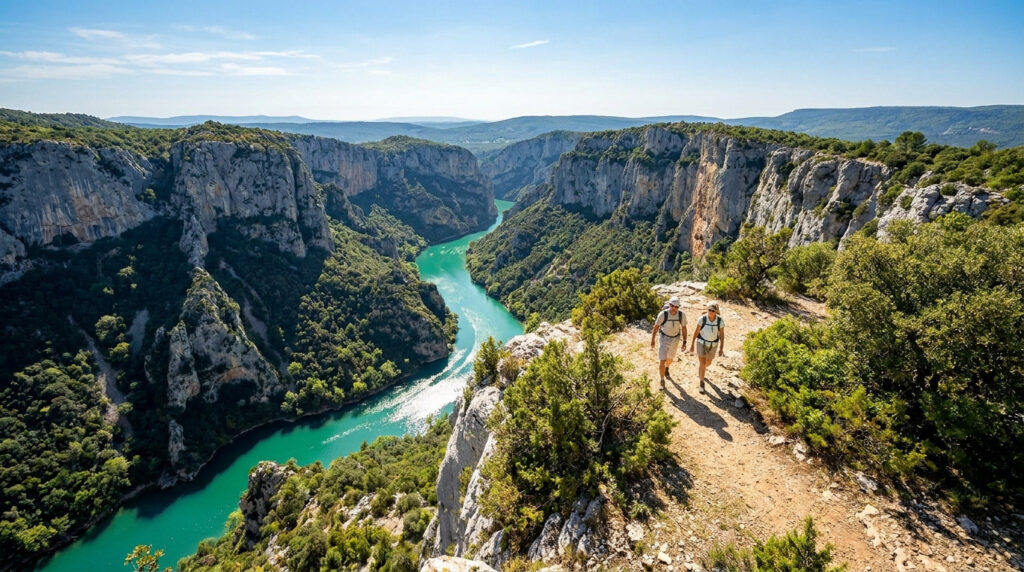 Deux randonneurs marchant sur un sentier surplombant les eaux turquoise des Gorges du Verdon sous un ciel bleu.