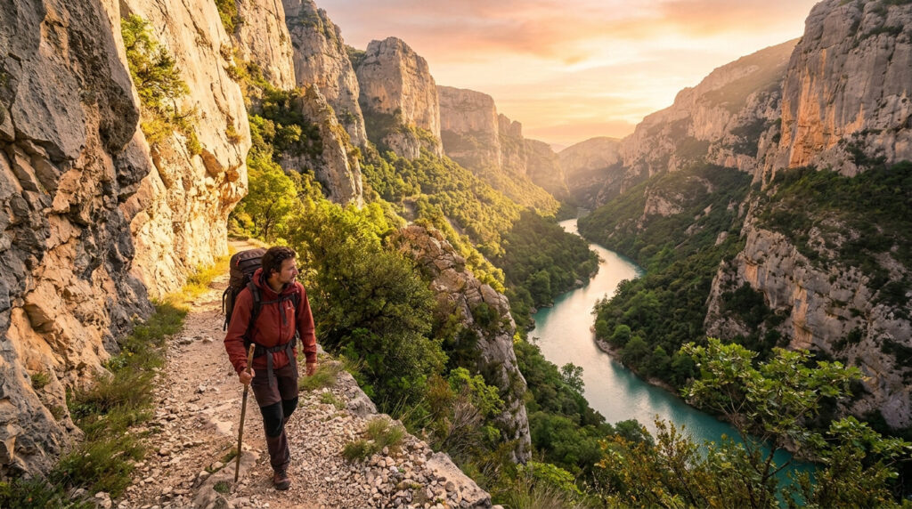 Un randonneur avec sac à dos marche sur un sentier escarpé dominant les Gorges du Verdon au coucher du soleil.
