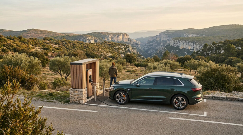 Une voiture électrique verte en cours de charge devant un paysage montagneux à La Palud-sur-Verdon.