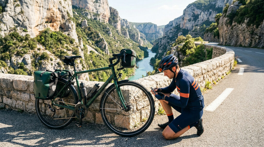 Cycliste réparant son vélo sur le bord d'une route surplombant les gorges du Verdon avec des sacoches.
