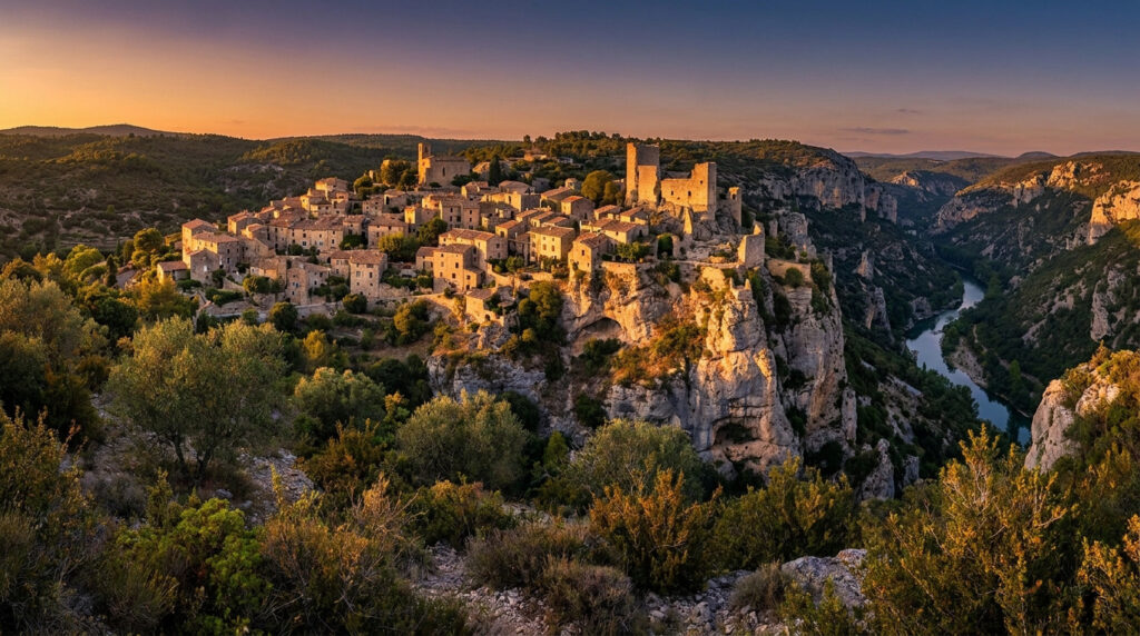 Vue panoramique du village médiéval de Rougon perché sur une falaise surplombant les gorges du Verdon au crépuscule.