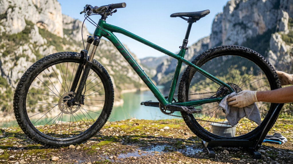 Une personne nettoie la transmission d'un VTT vert avec un chiffon, avec les Gorges du Verdon en arrière-plan.