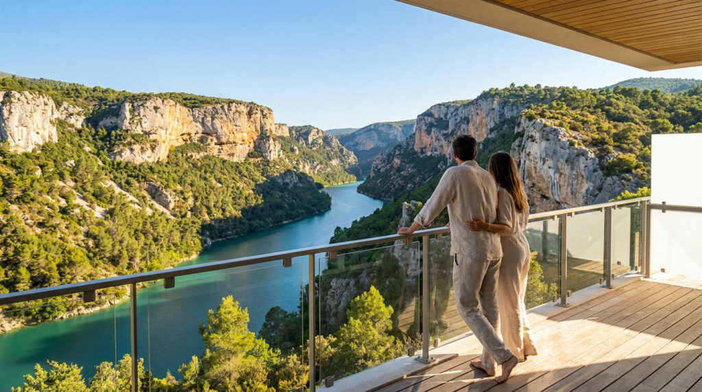 Un couple admire la vue sur une rivière dans un canyon verdoyant depuis le balcon en bois d'un hôtel de luxe.