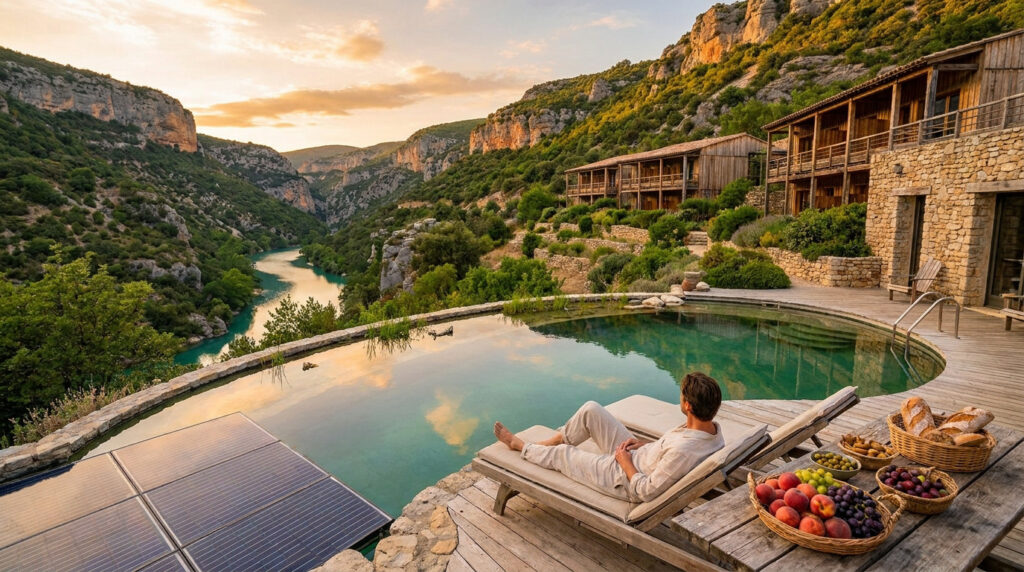 Un homme se détend sur une terrasse surplombant les Gorges du Verdon avec une piscine naturelle et des panneaux solaires.
