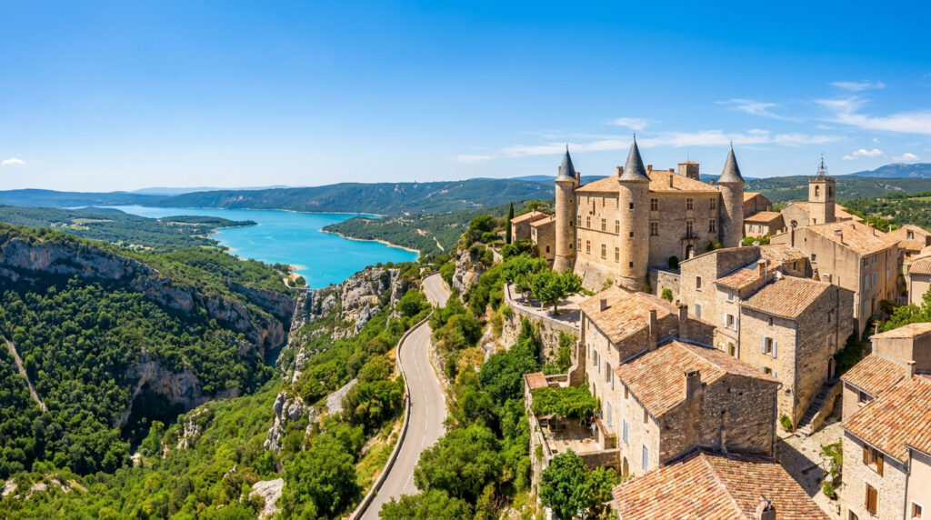 Château d'Aiguines dominant le lac de Sainte-Croix et les gorges du Verdon sous un ciel bleu en Provence.