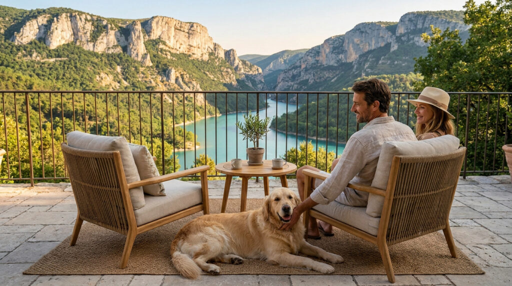 Couple et leur chien sur une terrasse avec vue panoramique sur les Gorges du Verdon et la rivière turquoise.