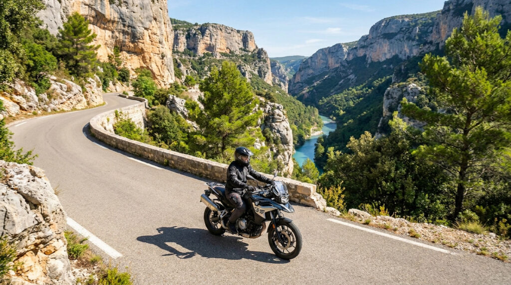 Motard sur une BMW circulant sur une route sinueuse surplombant les gorges du Verdon.