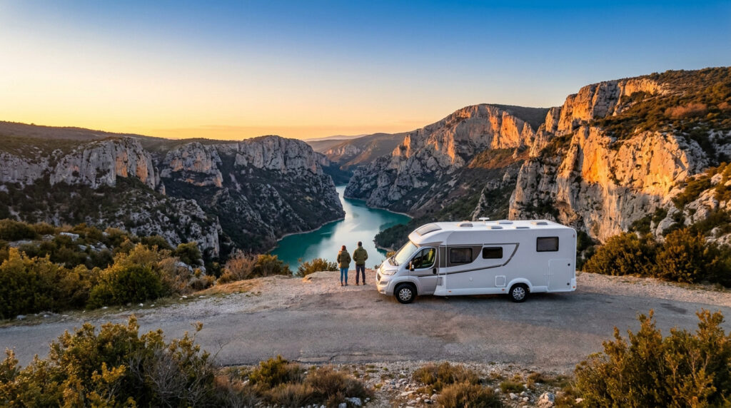 Un couple debout à côté d'un camping-car blanc face à la vue panoramique des Gorges du Verdon au coucher du soleil.