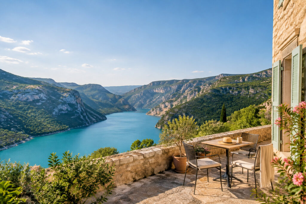 Terrasse en pierre avec table et chaises surplombant les eaux turquoise du lac de Sainte-Croix dans le Verdon.