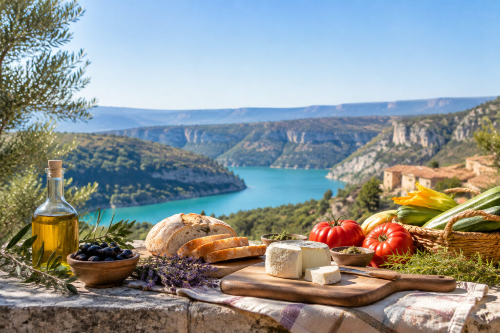 Plateau de produits locaux (fromage, pain, olives, huile) devant le lac de Sainte-Croix et les gorges du Verdon.