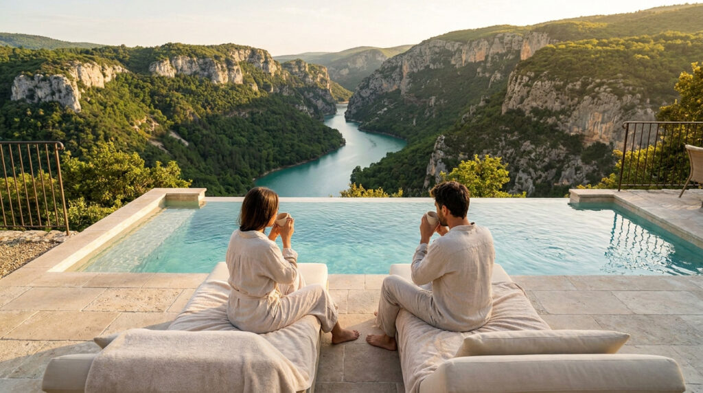 Couple en peignoirs buvant un café au bord d'une piscine à débordement surplombant les Gorges du Verdon au coucher du soleil.