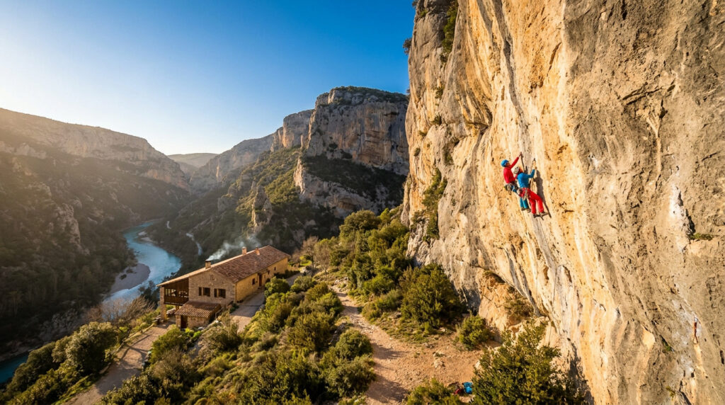 Deux grimpeurs en ascension sur une paroi rocheuse surplombant les Gorges du Verdon près d'un gîte en pierre.
