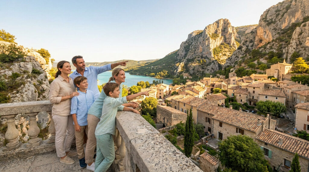Une famille observe le village de Moustiers-Sainte-Marie et le lac de Sainte-Croix depuis une terrasse en pierre.