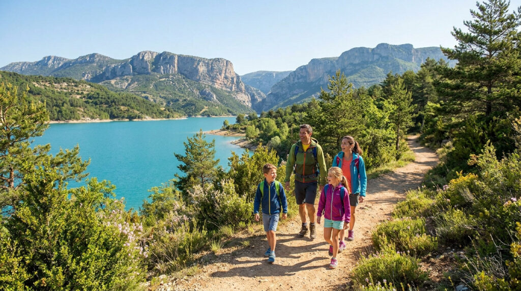 Une famille de quatre personnes randonne sur un sentier ensoleillé surplombant les eaux turquoise du lac du Verdon.
