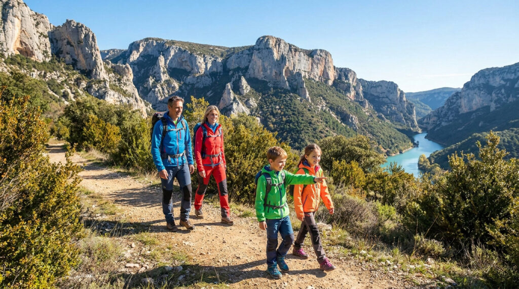 Une famille de quatre personnes randonne sur un sentier surplombant les Gorges du Verdon sous un ciel bleu.