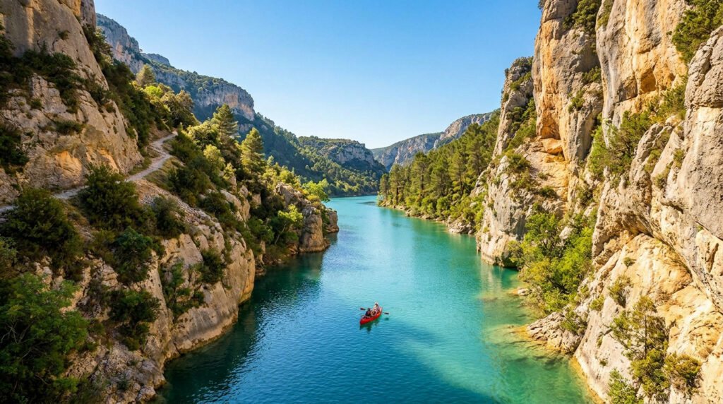 Vue plongeante sur un canoë rouge naviguant sur les eaux turquoise des Gorges du Verdon entourées de falaises calcaires.