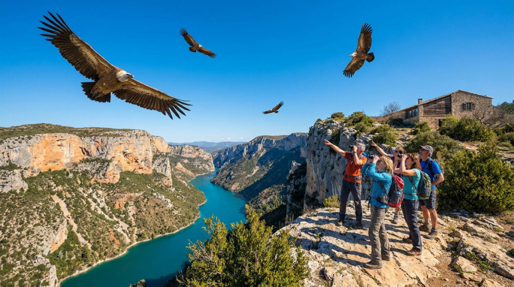 Un groupe de randonneurs observe des vautours fauves volant au-dessus des Gorges du Verdon sous un ciel bleu.