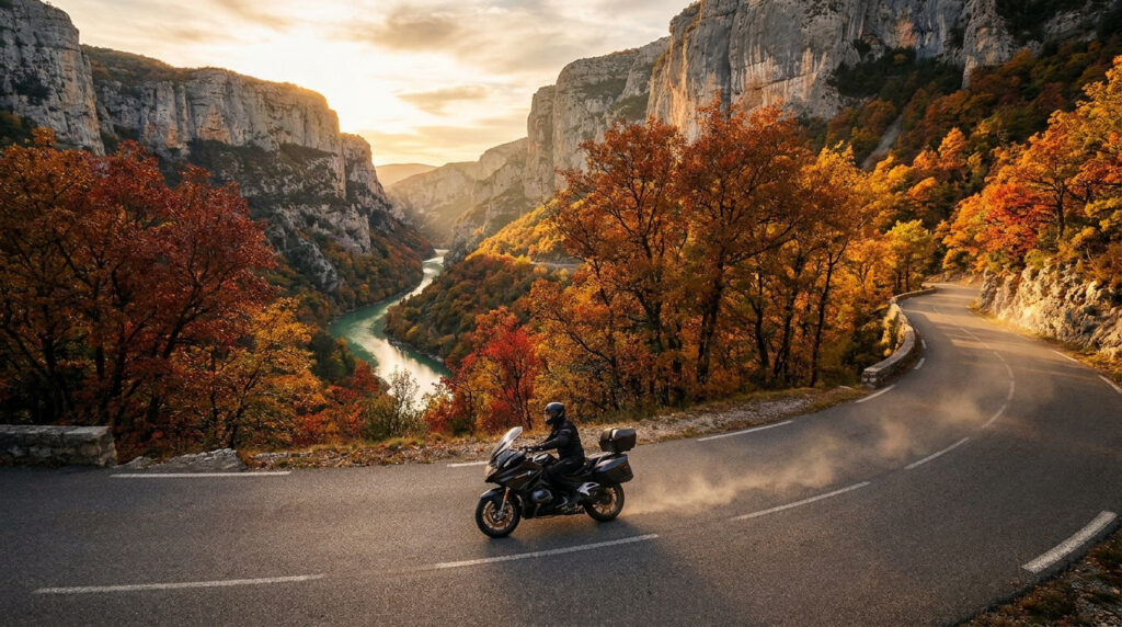 Un motard sur une route sinueuse surplombant les gorges du Verdon avec des arbres aux couleurs d'automne au coucher du soleil.