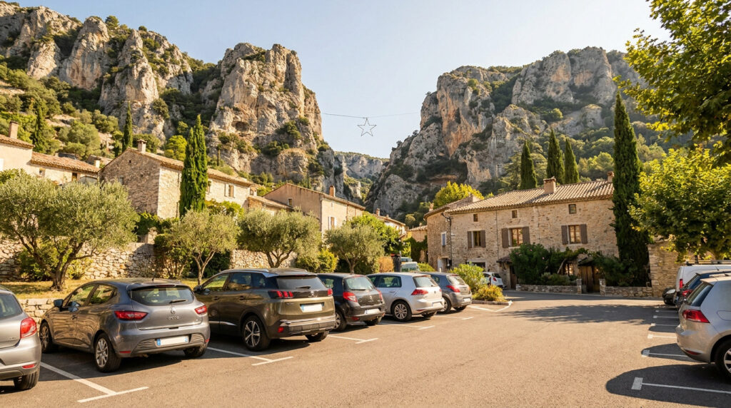 Parking avec plusieurs voitures devant les maisons en pierre et les falaises spectaculaires de Moustiers-Sainte-Marie.
