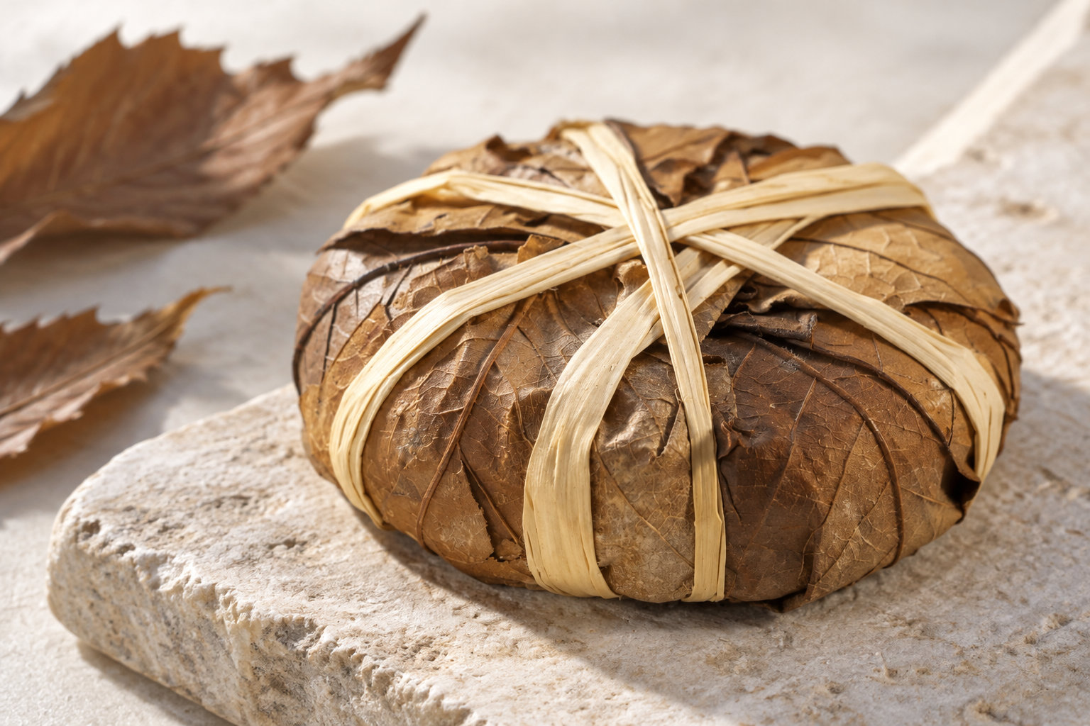 Un fromage de chèvre Banon AOP cerclé de sa traditionnelle feuille de châtaignier.