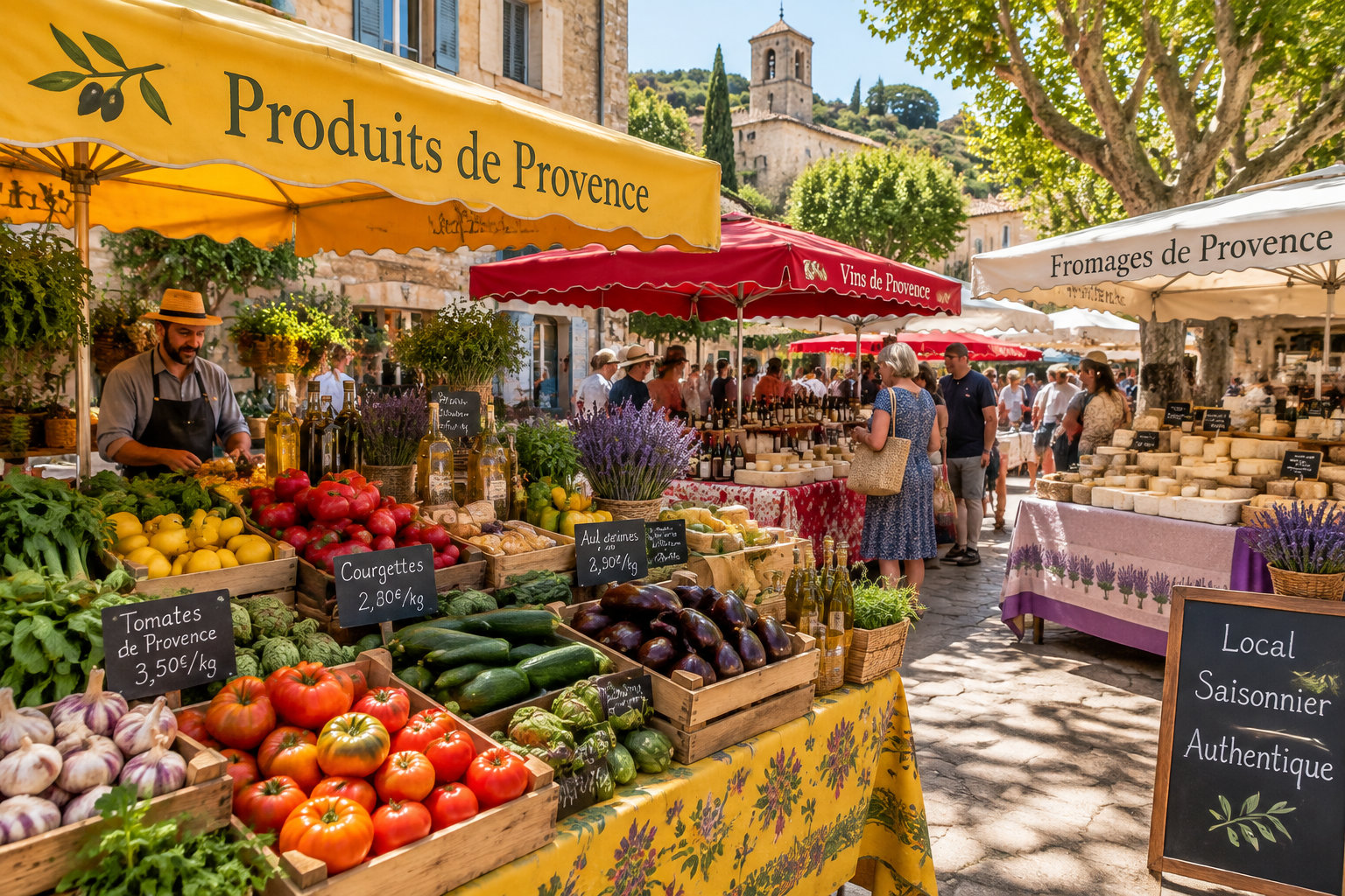 Étals de marché provençal regorgeant de produits frais et colorés.