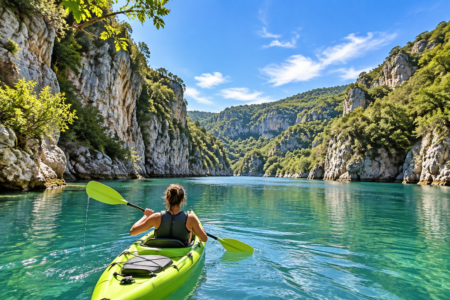 Un kayak progresse dans les Basses Gorges du Verdon, entre les lacs de Quinson et d’Esparron-de-Verdon.