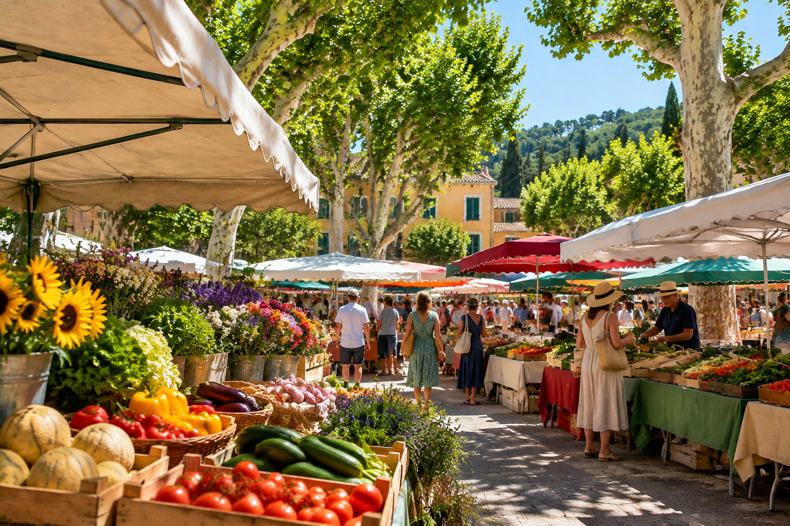 Les étals du marché d’Aups présentent fruits et légumes, fromages, fleurs et produits fermiers.