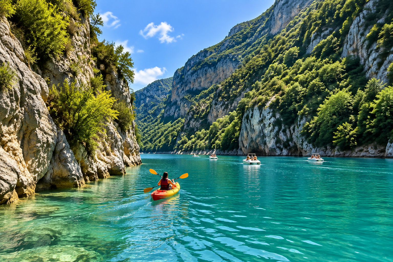 Un kayak glisse sur le lac de Sainte-Croix près du pont du Galetas.