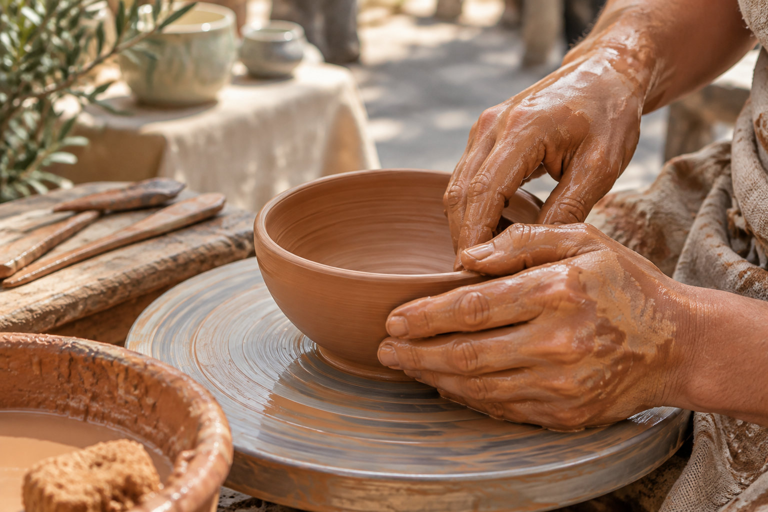 Potiers et céramistes présentent leurs pièces décoratives et objets du quotidien au marché potier de Moustiers-Sainte-Marie.