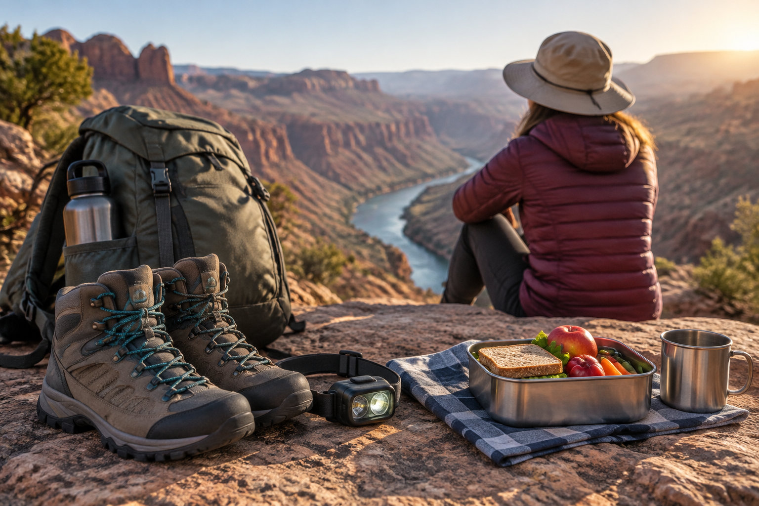 Une randonneuse assise contemple un canyon et une rivière, avec un sac à dos, des chaussures de marche, une lampe frontale, un repas et une tasse disposés au premier plan.