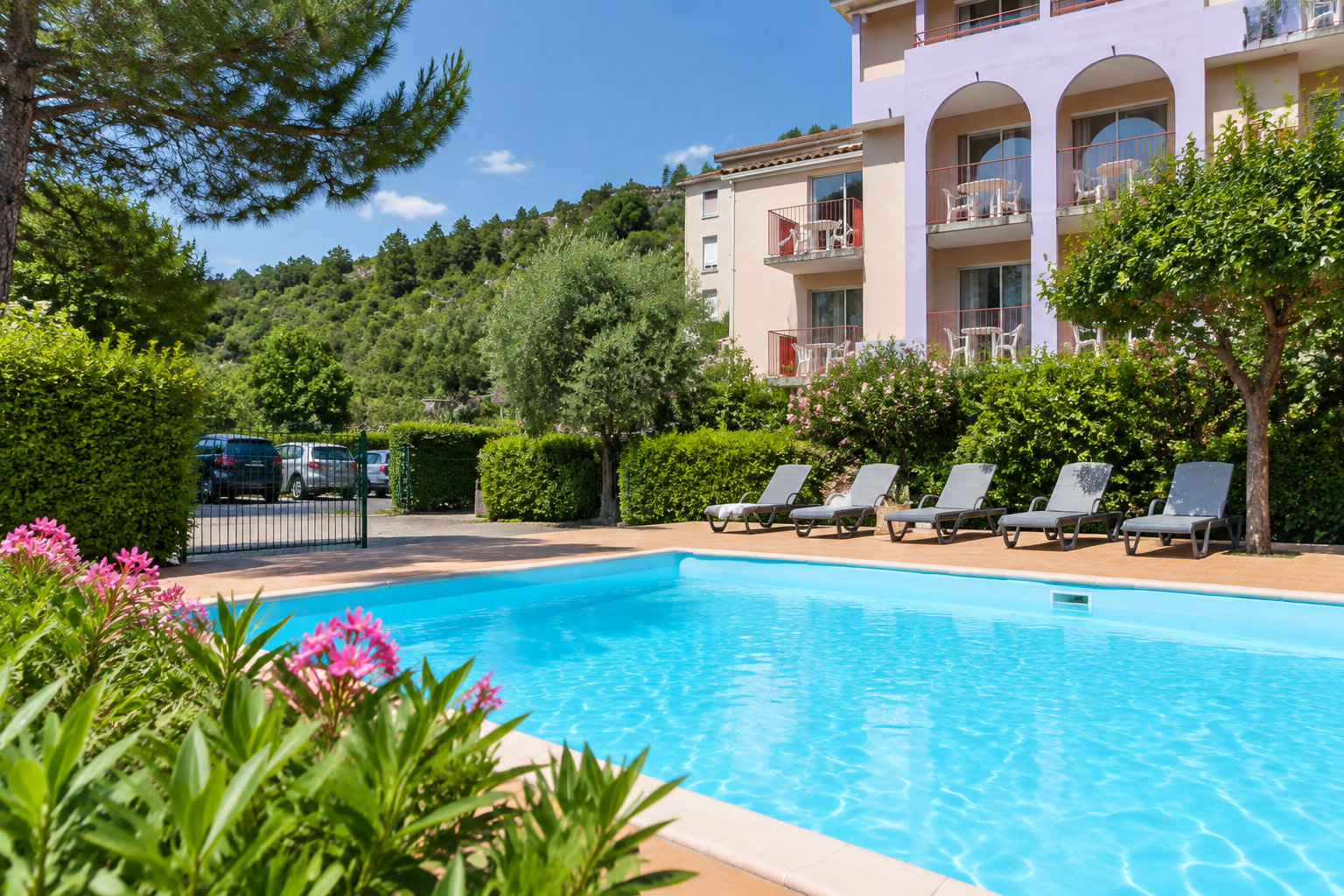 La piscine et le jardin de l’Hôtel Les Canyons du Verdon, avec le parking privé à Castellane.
