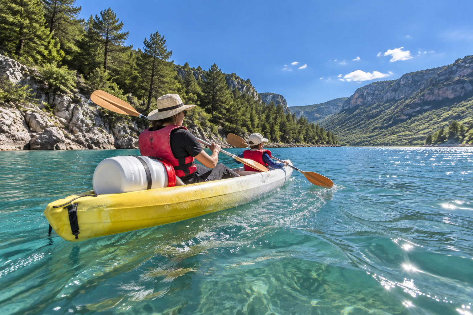 Un enfant portant un gilet de sauvetage pagaie avec un adulte dans un kayak biplace au Galetas.