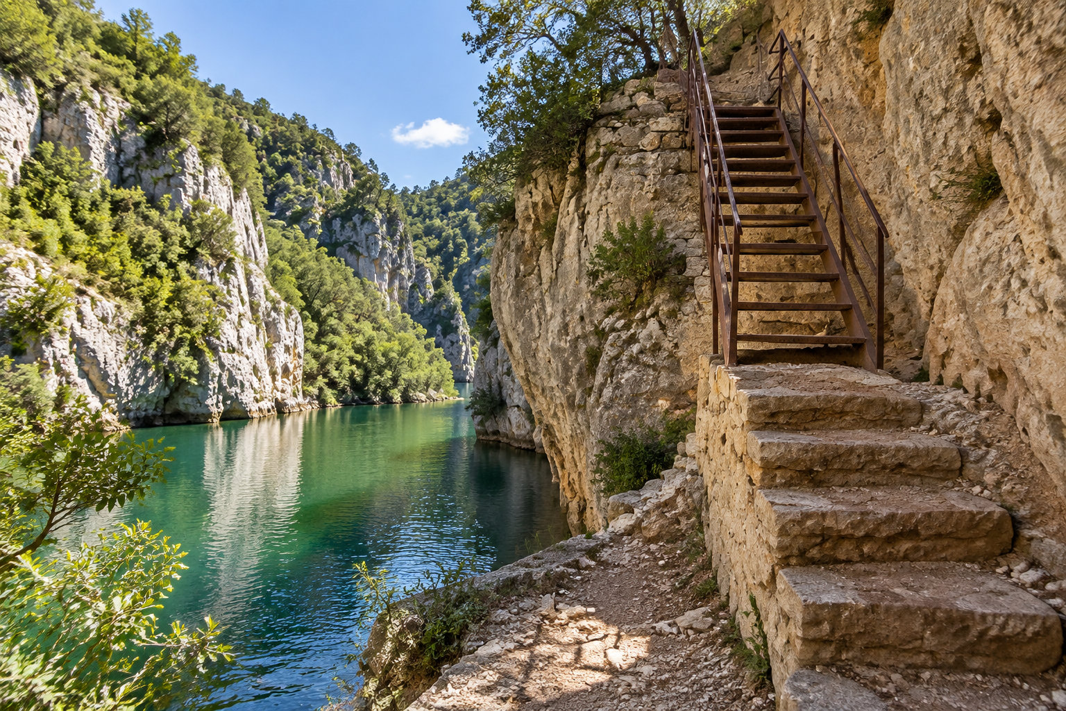 Un escalier de pierre et de métal longe une falaise au-dessus d’une rivière turquoise bordée de falaises boisées.