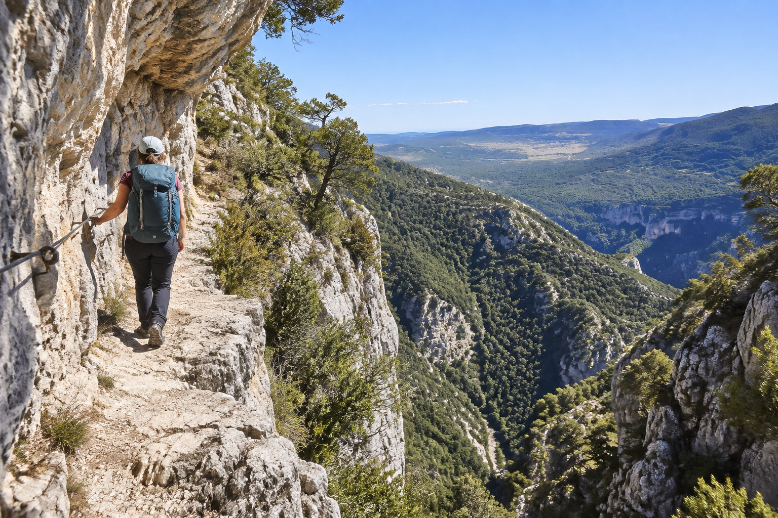 Une randonneuse équipée d’un sac à dos avance sur un sentier étroit accroché à une falaise, au-dessus d’une vaste vallée montagneuse.