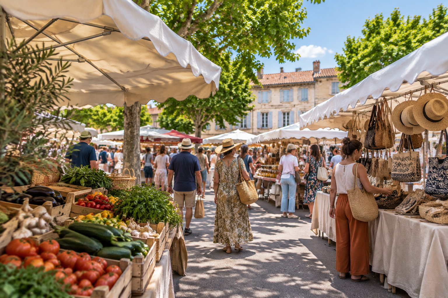Le marché provençal du samedi anime la place Marcel-Sauvaire à Castellane avec des stands alimentaires, des producteurs locaux et des artisans.