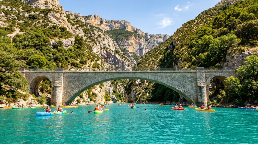De nombreux kayakistes naviguent sur les eaux turquoise des Gorges du Verdon sous le pont de pierre du Galetas.