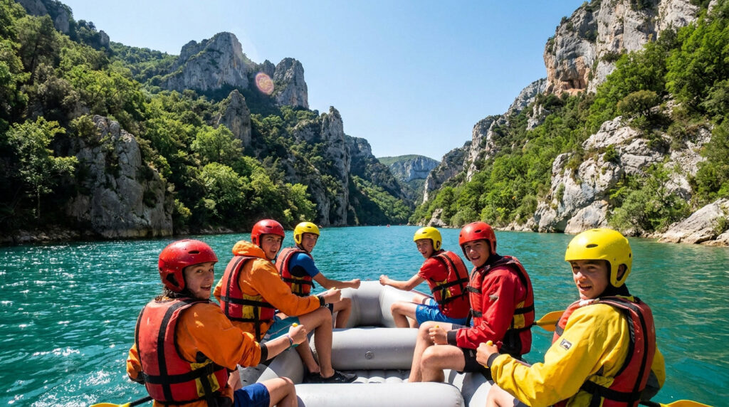 Six adolescents équipés de gilets de sauvetage et casques colorés font du rafting sur les eaux turquoise du Verdon.