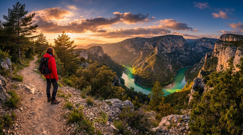Une randonneuse en veste rouge observe les Gorges du Verdon et sa rivière turquoise au coucher du soleil.