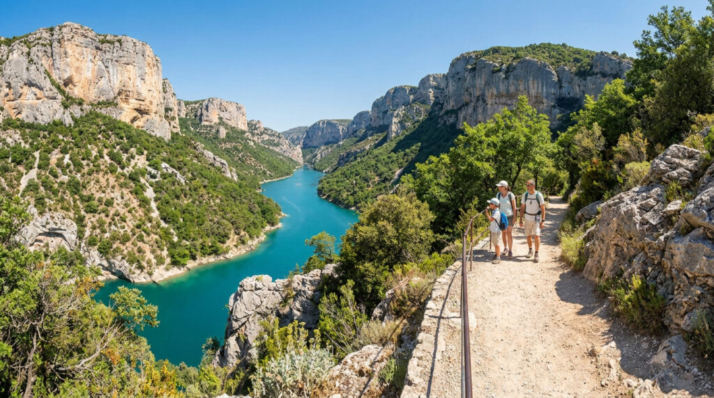 Une famille marche sur un sentier surplombant les eaux turquoise des Gorges du Verdon sous un ciel bleu ensoleillé.