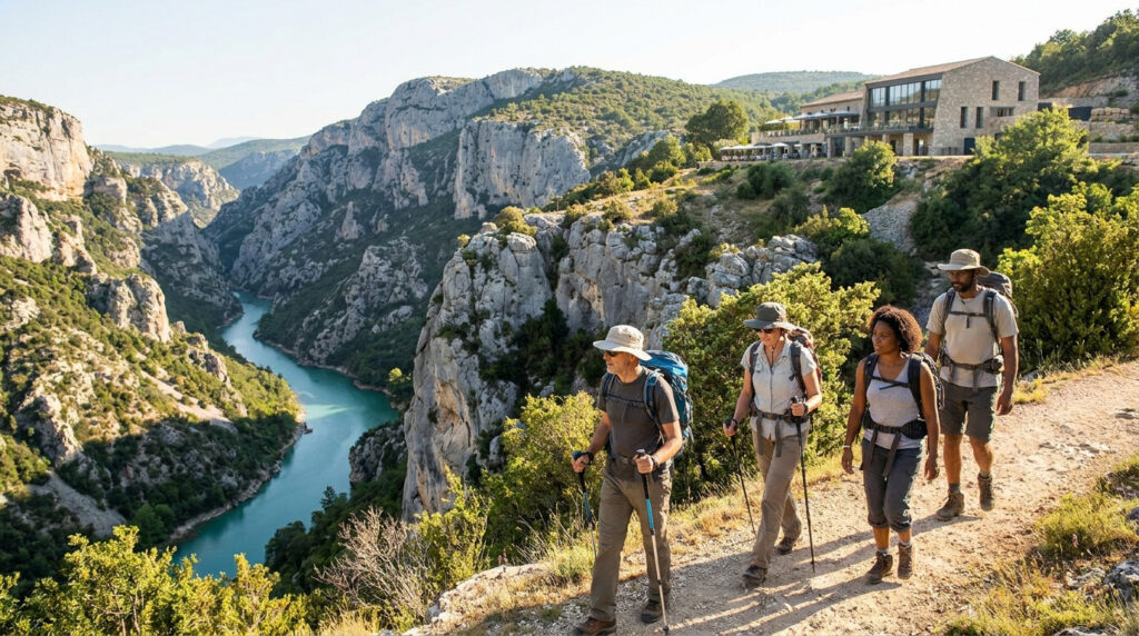 Un groupe de quatre randonneurs marche sur un sentier surplombant les Gorges du Verdon avec un hôtel en arrière-plan.