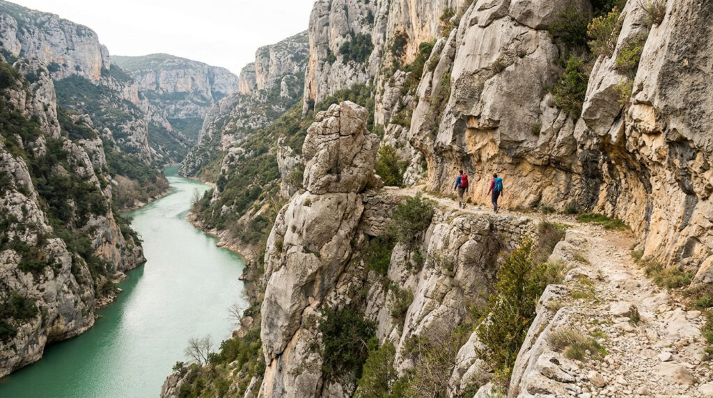Deux randonneurs avec sacs à dos marchent sur un sentier étroit à flanc de falaise dominant la rivière du Verdon.