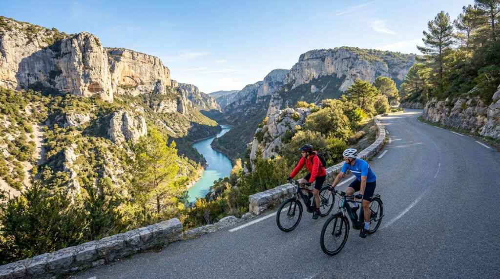 Deux cyclistes sur des vélos électriques roulent sur une route panoramique surplombant les Gorges du Verdon.