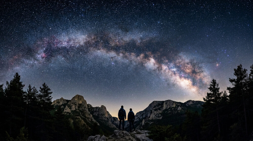 Deux randonneurs contemplant la Voie lactée au-dessus des falaises du Verdon par une nuit étoilée.