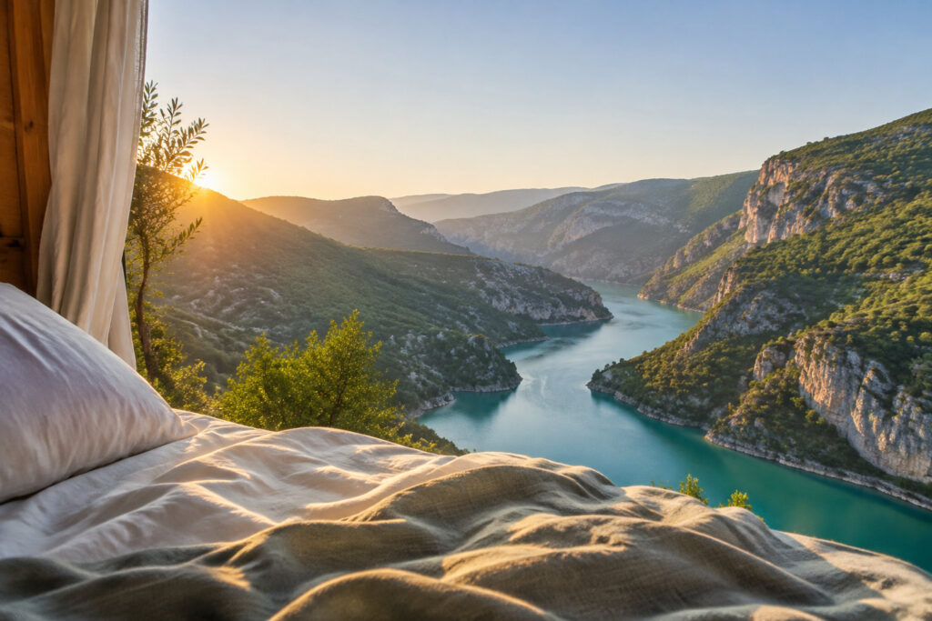 Vue panoramique depuis un lit sur les Gorges du Verdon au lever du soleil avec des eaux turquoise entre les falaises.